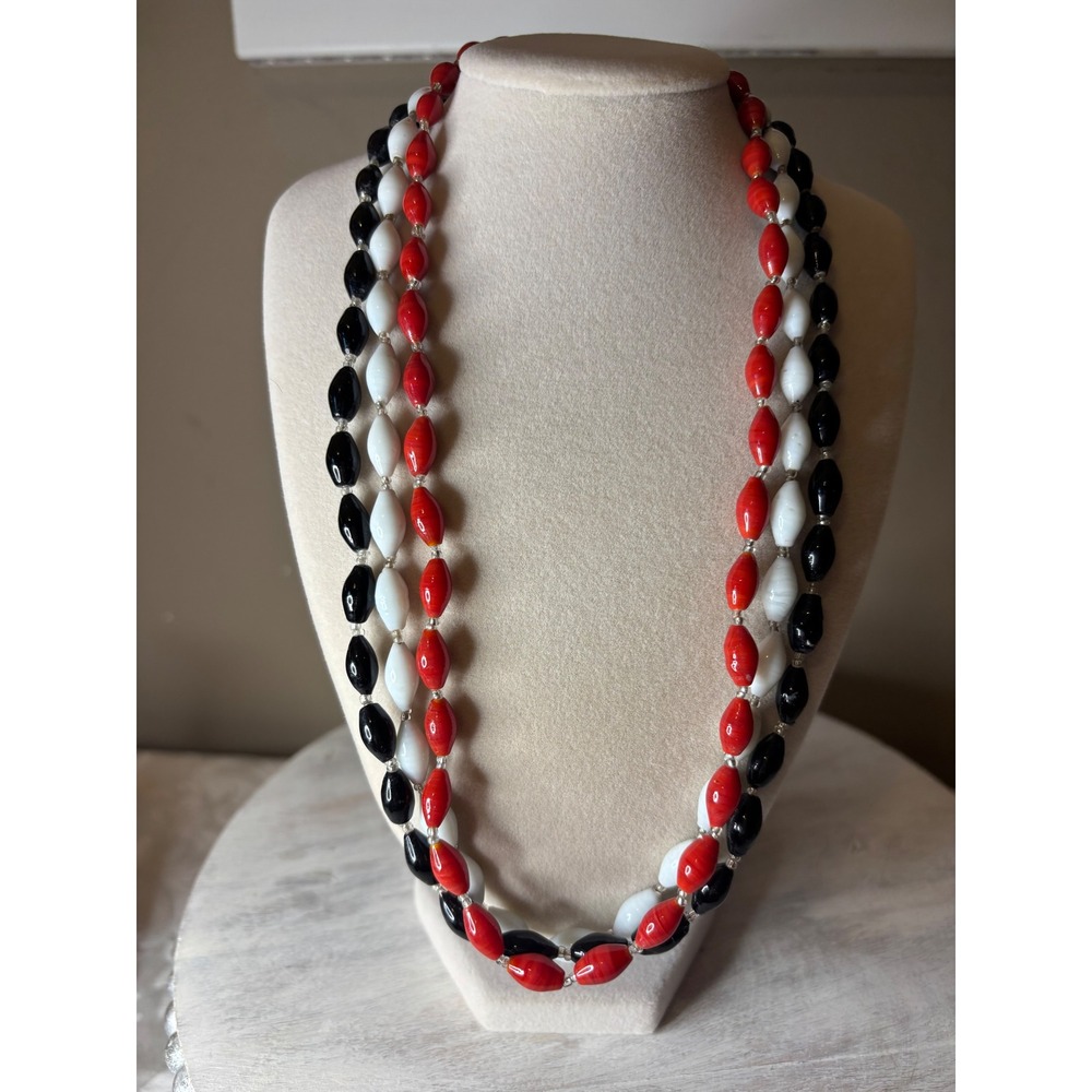 Vtg India Glass Bead Necklace Lot 3 Black White Red Oval Rice Beads 1970s Boho